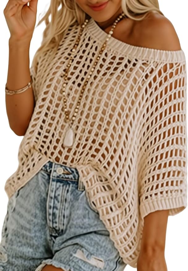 Dokotoo Scoop Neck Crochet Hollow Out Beach Coverup